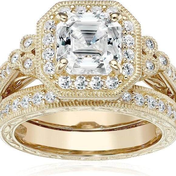 Sterling Silver Gold Plated Ring Set Asscher Cut Cubic Zirconia Women Jewelry - Picture 1 of 6